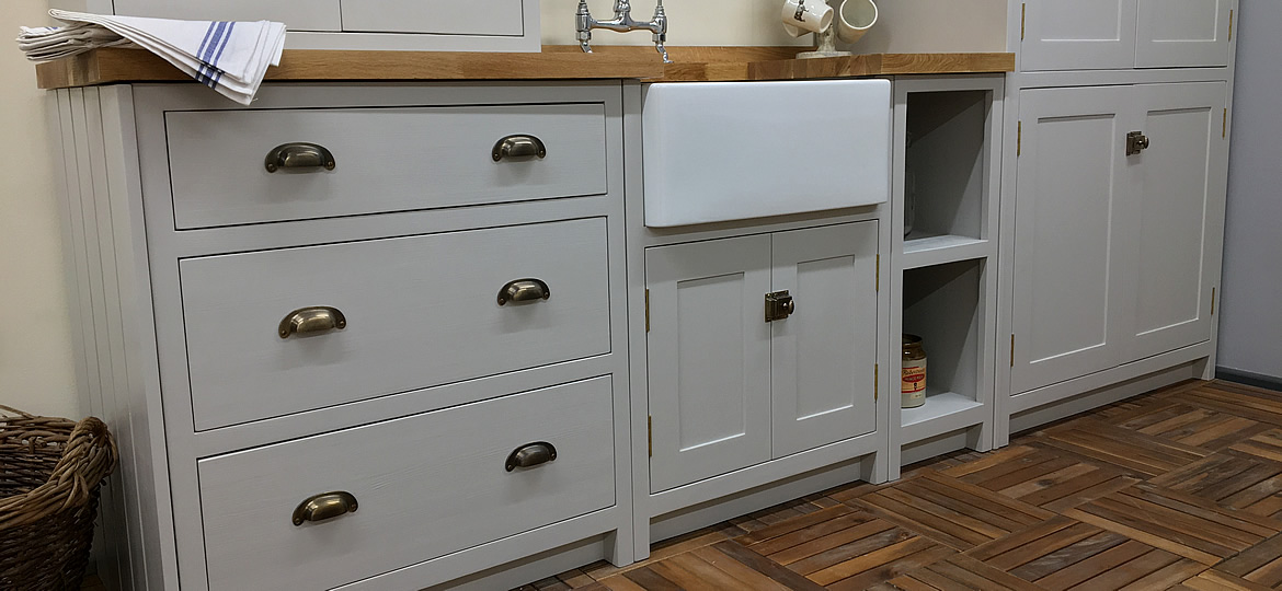 bespoke painted shaker kitchen base cupboards in little greene french grey eggshell paint