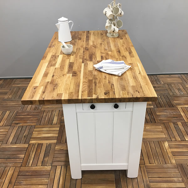 freestanding kitchen island fitted with a staved oak worktop